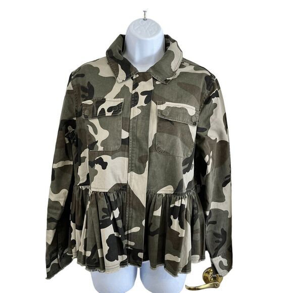 Lea & Viola‎ Womens Jacket S Camo Peplum Zip Front Raw Hem Frayed Edge Utility - Picture 1 of 11